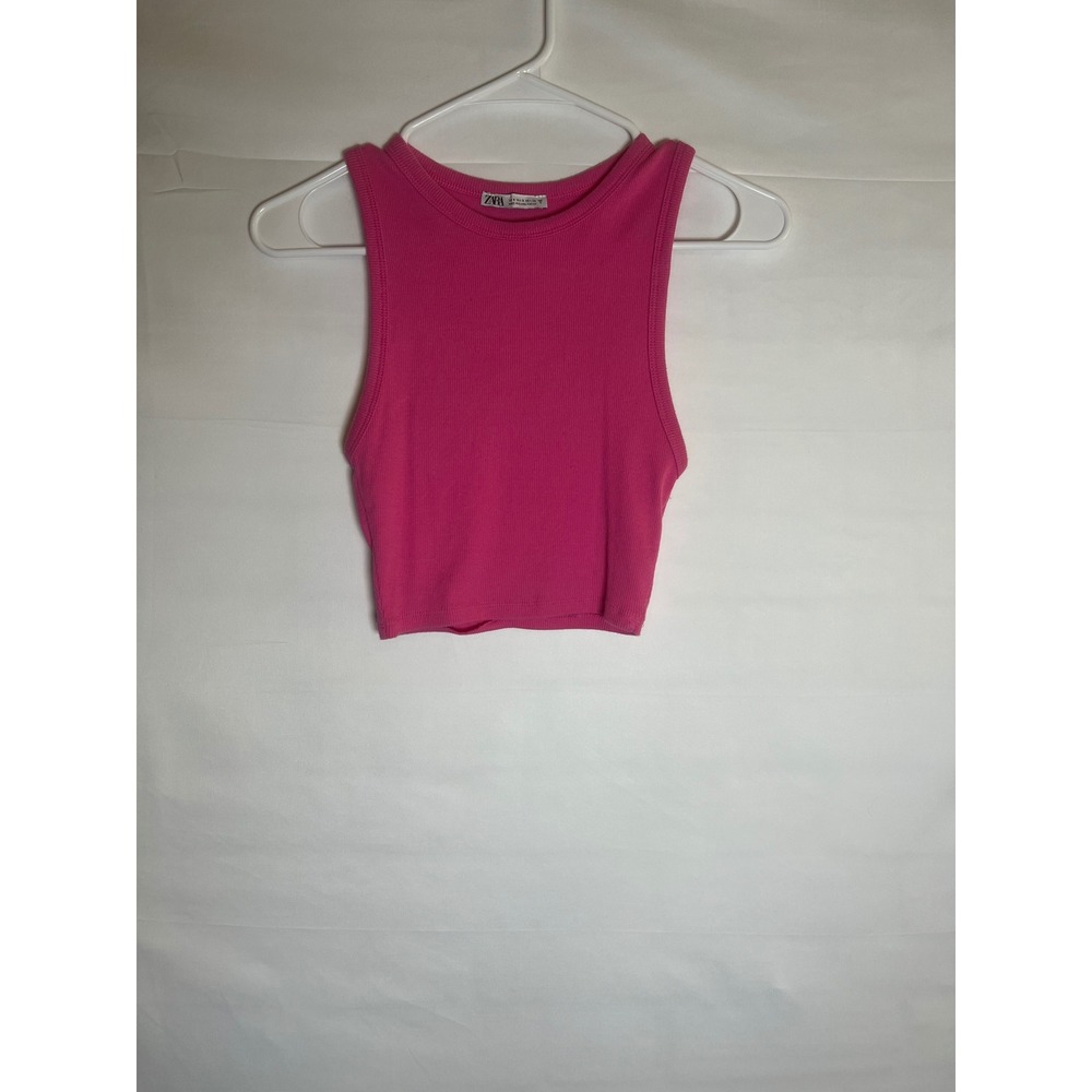 Zara Womens Hot Pink Ribbed Knit Crop Tank Top Racerback Small
